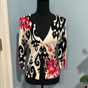 White House Black Market Black and White Cardigan with Red Accents